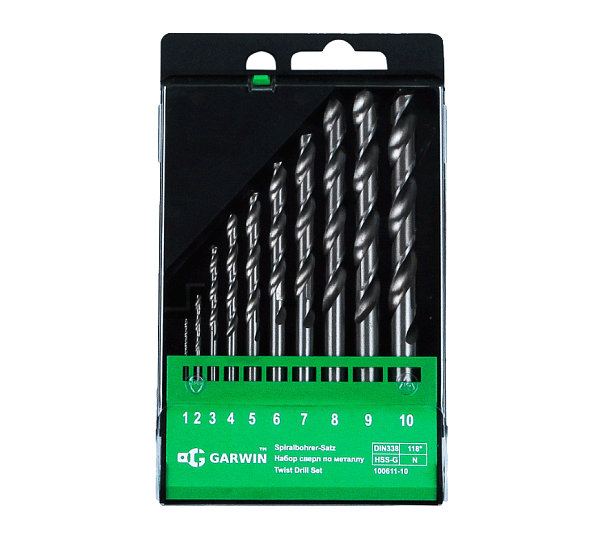 Набор сверл спиральных по металлу 1.0-10.0, шаг 1 мм, DIN 338, HSS-G, 10 предметов